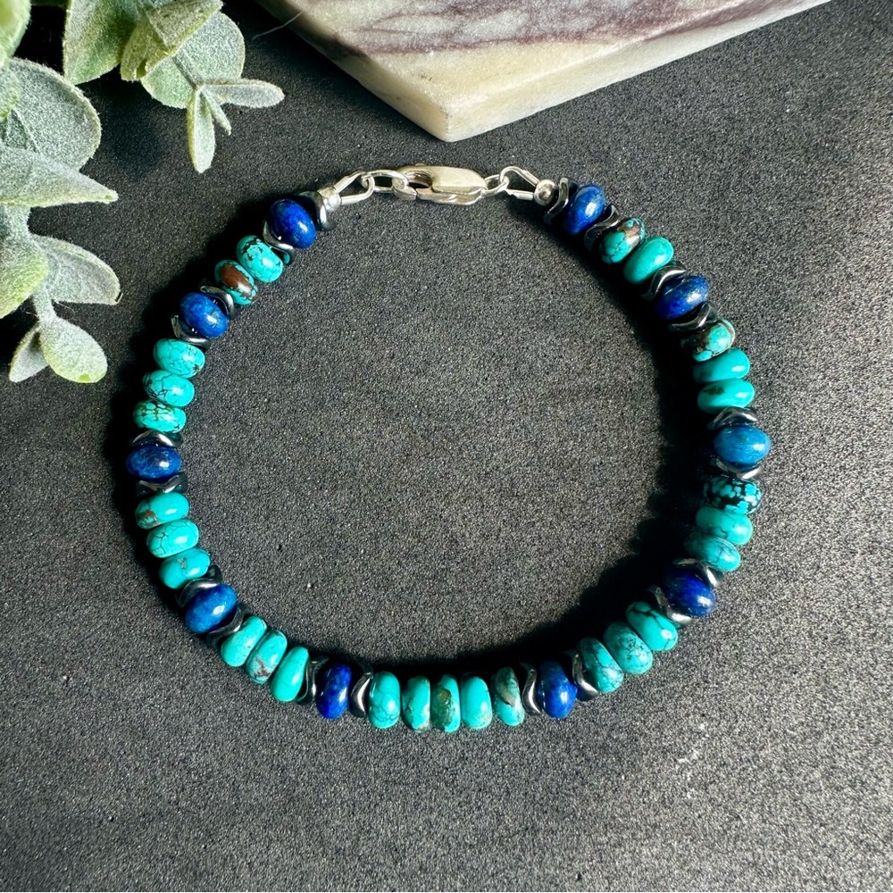 Custom order Turquoise and Lapis Lazuli two Bracelets Sterling Silver - Picture 5 of 6